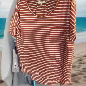 Umgee Top Women’s Rust And White Stripes Size L SS Boho Classic Comfy